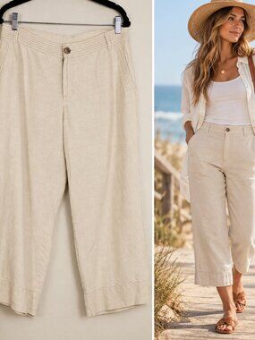 Liz Claiborne Linen Cropped Pants Size 10 Cream Beige Coastal Beachy